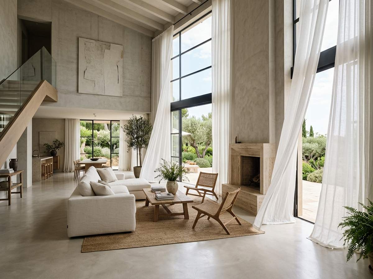 Tall living room windows dressed in floor-length sheer curtains