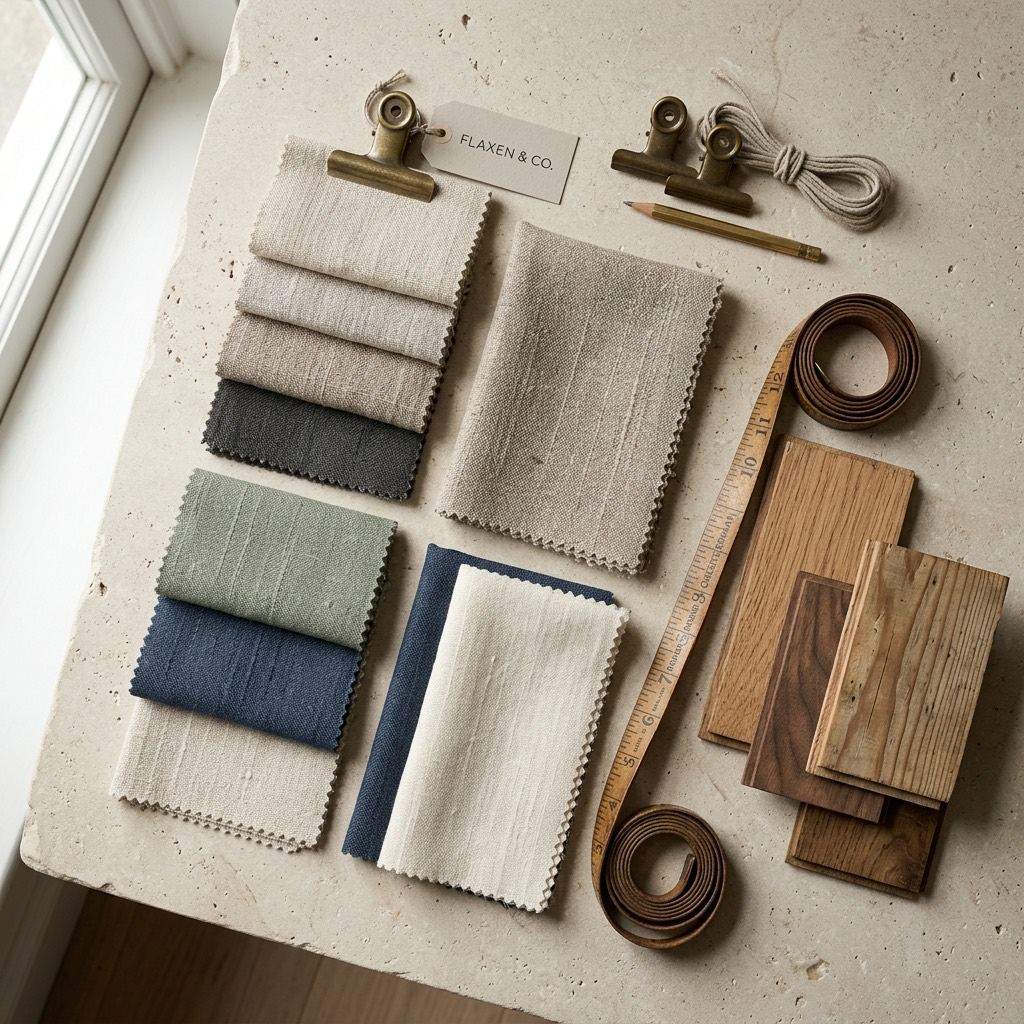 Fabric swatches, wood samples and curtain hardware laid out for a client